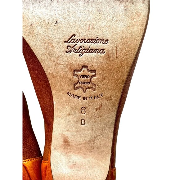 Butter by Nancy Geist Italian Leather Peep Toe Heels Orange Button Detail Size 8 - Picture 9 of 9